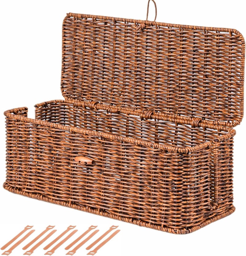 BROWNLILY Cable Management Box, Rattan Style Cord Organizer for Desk Cord Hider Outlet Covers Baby Proofing for Power Strip TV PC Router Charger Under Desk Storage with Lockable Lid and Cable Ties - Image 1